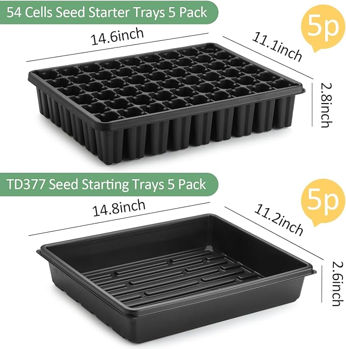 5 Pack Seedling Starter Trays No Holes and 5 Pack 54 Cell Seed Starter Trays Extra Deep 2.8" - Heavy Duty Plastic Nursery Trays for Seed Germination & Plant Propagation (5 Sets)