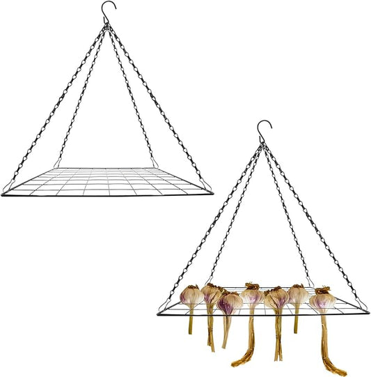 2 Set Garlic & Herb Drying Rack, Hanging Black Metal Mesh Dryer for Onions Herbs and Plants Flower Drying, Space-Saving Storage Rack for Garden, Kitchen Indoor & Outdoor Use (13.8'' x 13.8'')