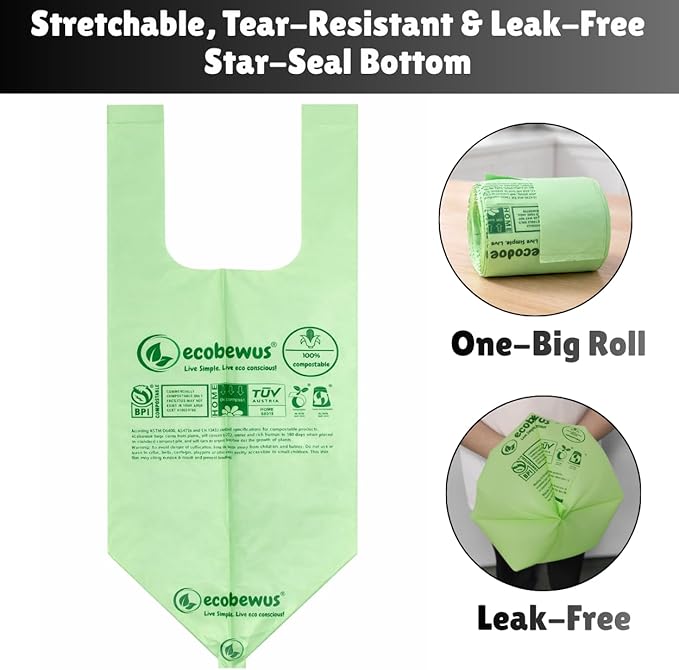 1.6 Gallon 100% Compostable Food Scrap Bags Handle Tie (120 Bags) Small Trash Bags Kitchen Garbage Bags US BPI Certified TUV OK Compost Home Certified Meeting ASTM D6400 (120 ct.)