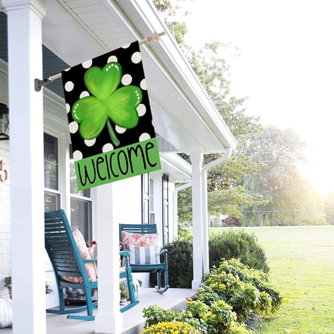 CROWNED BEAUTY St Patricks Day House Flag 28×40 Inch Double Sided Green Shamrock Clover Welcome Big Outside Vertical Holiday Yard Decor CF356-40