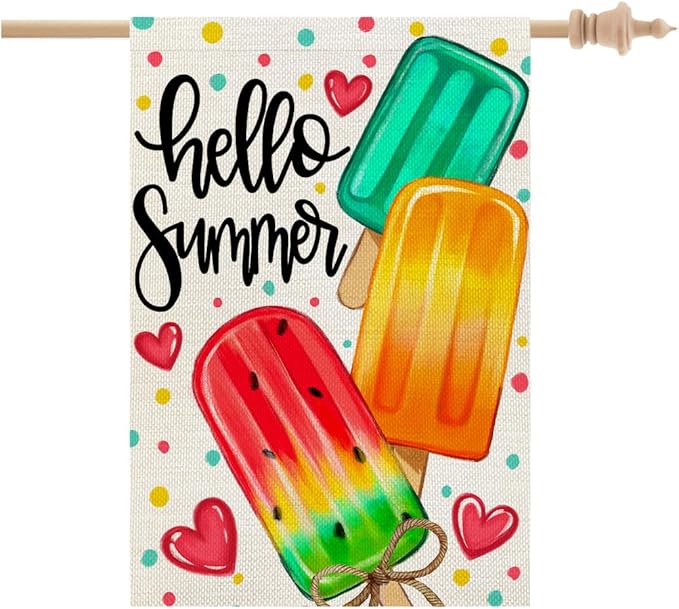 CROWNED BEAUTY Summer House Flag Popsicles Double Sided 28x40 Inches Large Burlap Welcome Seasonal Welcome Yard Decoration for Outside Porch CF1813-40