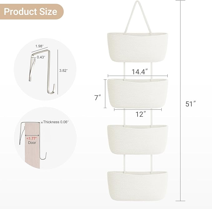 Dahey Over The Door Hanging Basket 4-Tier Woven Boho Wall Mounted Storage Organizer with Hooks for Bedroom Nursery Bathroom Apartments Dorm Pantry Decor, White