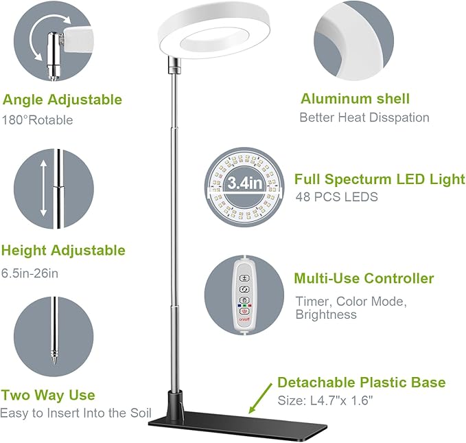 Grow Lights for Indoor Plants, Full Spectrum Halo Growing lamp with Detachable Base, Height Adjustable, 3 Colors, 10 Dimming, Automatic Timer, Plant Light for Small Plants Growing, 2-Pack