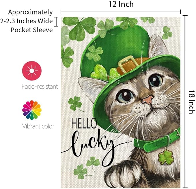 CROWNED BEAUTY St Patricks Day Cat Garden Flag Lucky Shamrock 12x18 Inch Double Sided for Outside Small Burlap Clovers Holiday Yard Flag