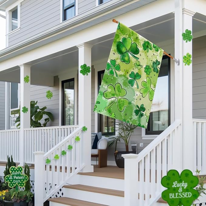 St Patricks Day House Flag for Outside 28x40 Inch Burlap Double Sided, Watercolor Green Lucky Shamrock Clover Sign Large Farmhouse Yard Outdoor Decoration DF434-28