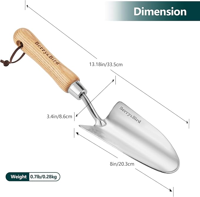 Berry&Bird Stainless Steel Trowel, Garden Small Flower Hand Shovel, Potting Soils Scoop with Wood Handle, Gardening Bonsai Tools for Transplanting Digging Weeding Planting