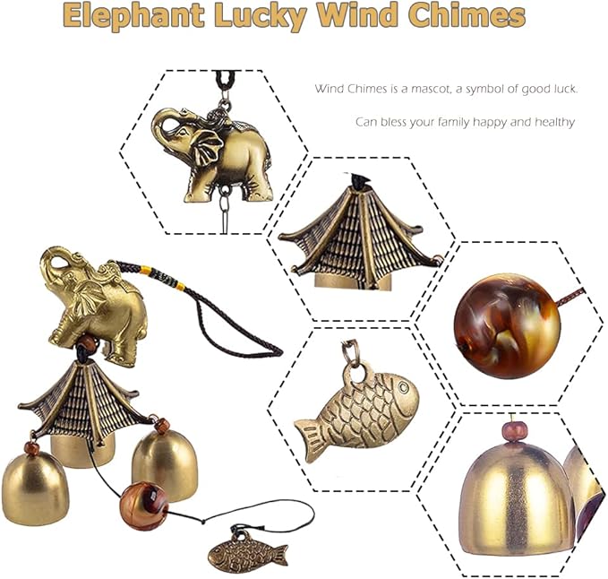 Hooshing Elephant Wind Chimes Metal Bronze Bells Feng Shui Wind Chimes for Lucky Outdoor Garden Patio Hanging Decor Gift