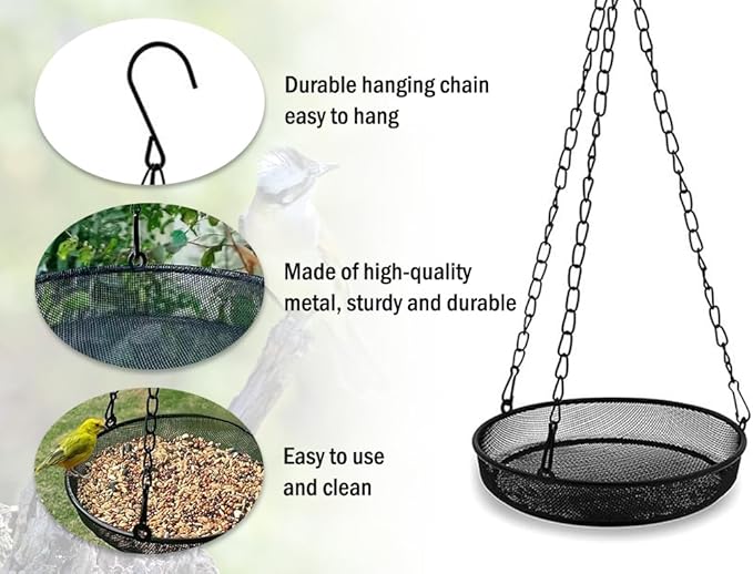 2PCS Metal Hanging Bird Feeder Tray, Hanging Feeder Seed Tray, with Chains, Outside Hanging Bird Feeder Tray, Metal Mesh Platform Feeders,Seed Tray Platform,for Attracting Birds,Outdoors,Garden