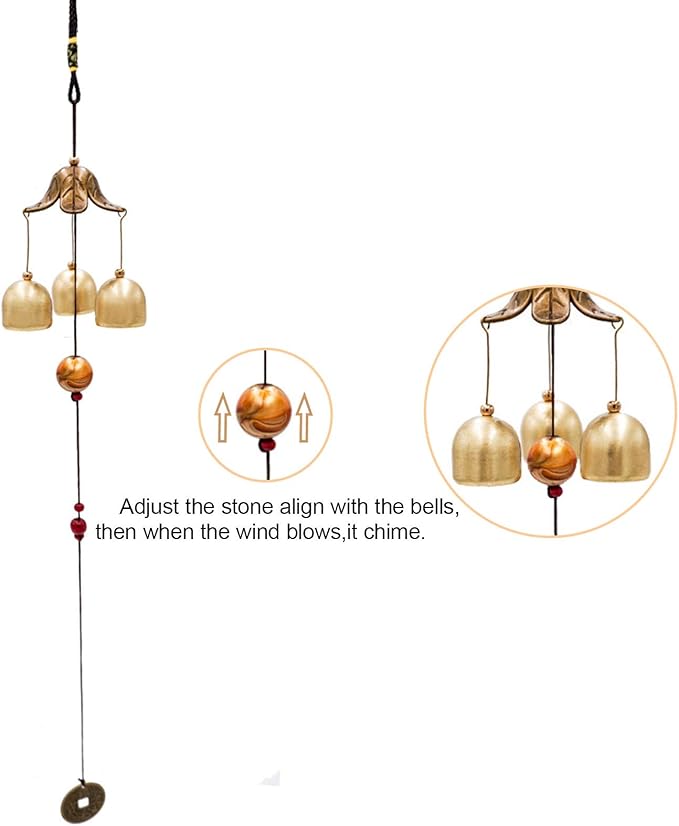2 Pack Lucky Wind Chimes 3 Bells Feng Shui Wind Bell with S Hook for Good Luck Home Garden Hanging Decoration Gift