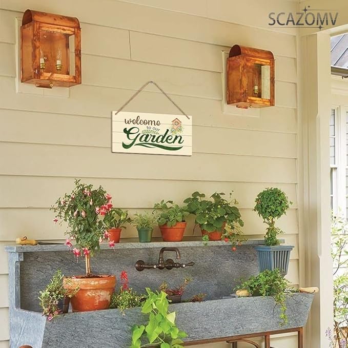 SCAZOMV Garden Sign Decor, Welcome To Our Garden, Funny Outdoor Decorative For Garden Backyard Patio Farmhouse, Potting Shed She Shed Personalized Wooden Hanging Plaque 5"X 10"