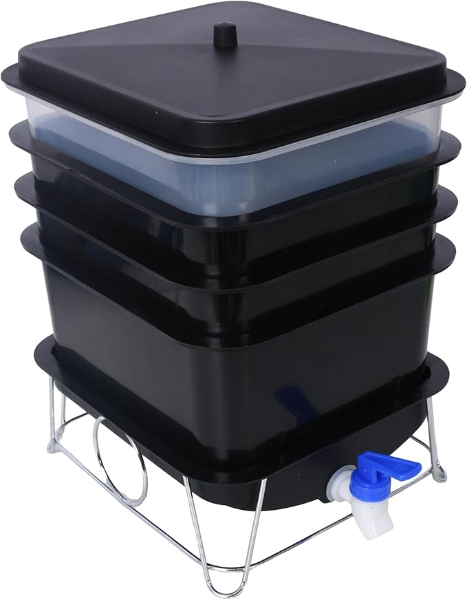 4-Layer Worm Bin with Worm Farm Kit, 20L Worm Composter Indoor & Outdoor with A Tap for Recycling Food Waste, Worm Castings, Easy Setup (Black, 4-Layer)
