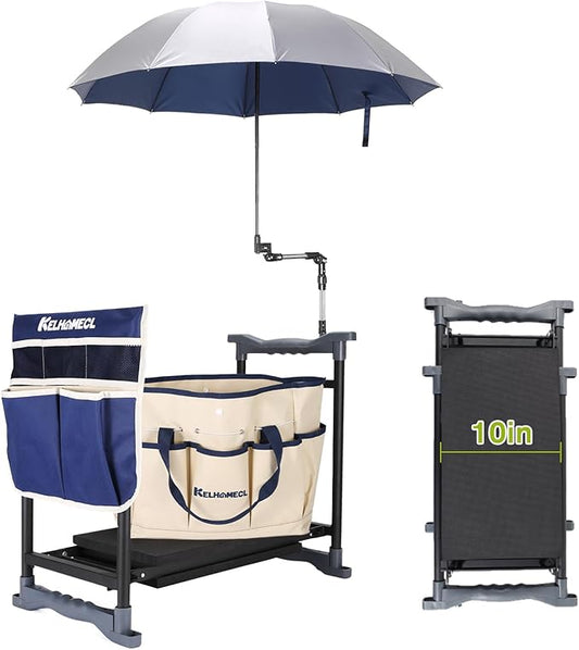 Garden Kneeler and Seat with Umbrella, 2-in-1 Foldable Gardening Stool with Adjustable Bracket, Detachable Tool Bags, Heavy Duty Kneeling Pad for Gardening (Beige Blue)