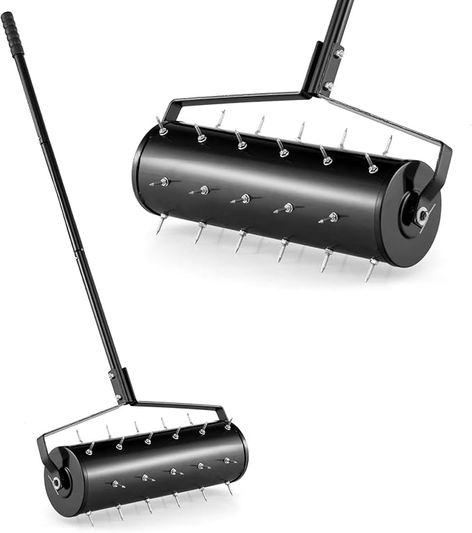 Goplus Rolling Lawn Aerator, 21-Inch Garden Yard Rotary Push Tine Filled Sand Stone, Heavy Duty Spike Soil Aeration w/Metal Handle, Fillable Drum 51" Manual Lawn Aeration Tool Garden Grass Patio Yard