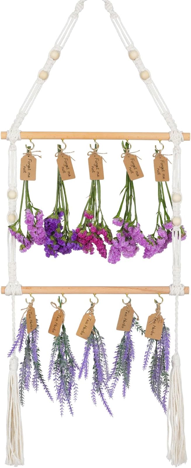 2-Tier Hanging Herb Drying Rack – Includes 30 Brown Gift Tags & 32ft Natural Jute Twine – Handwoven Boho Style Plant Hanger for Drying Herbs, Flowers, Sage – 37" Tall, Home Décor & Gift Idea