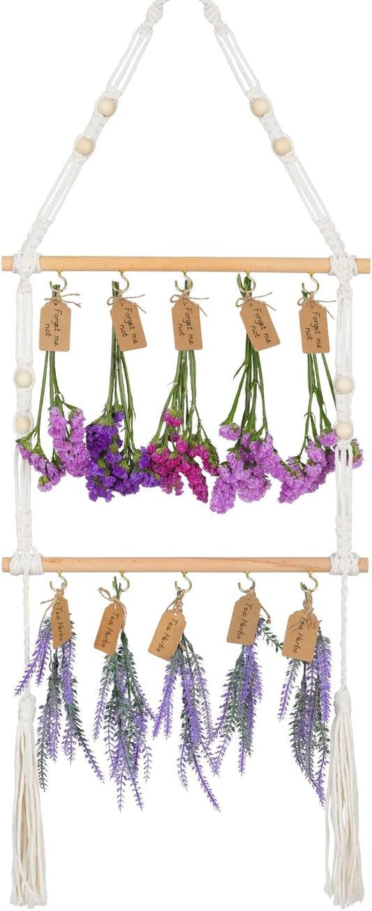 2-Tier Hanging Herb Drying Rack – Includes 30 Brown Gift Tags & 32ft Natural Jute Twine – Handwoven Boho Style Plant Hanger for Drying Herbs, Flowers, Sage – 37" Tall, Home Décor & Gift Idea