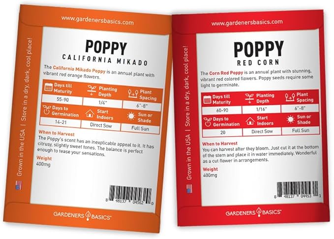 Gardeners Basics Poppy Seeds for Planting Outdoors Flower Seeds (Variety Pack of 4) Poppies Iceland, California, California Mikado and Red Corn Varieties for Bees, Pollinators Wildflower Seed