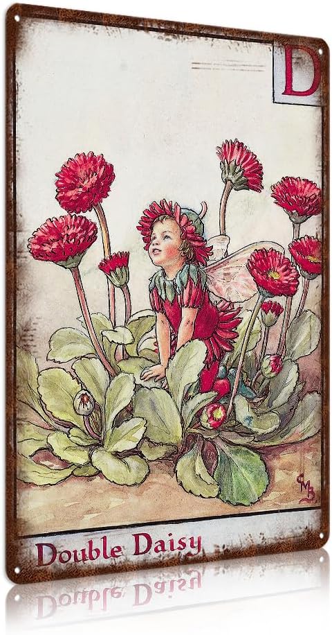 Flower Fairy Wall Decor Vintage Metal Tin Signs Fairy Garden Accessories - Double Daisy