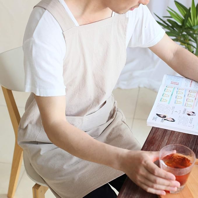 NEWGEM Japanese Cotton Linen Cross Back Cooking Apron for Women Men with Pockets Cute for Baking Kitchen