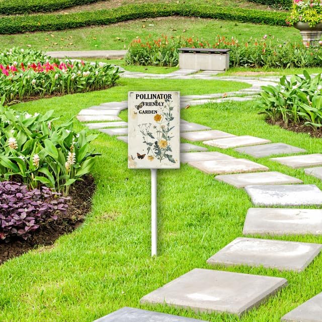 Uptell Aluminium Yard Sign Pollinator Friendly Garden Sign 8x12inch Outdoor Natural Retro Metal Signs Yard Grass Lawn Art And 12.8" Stake Kit