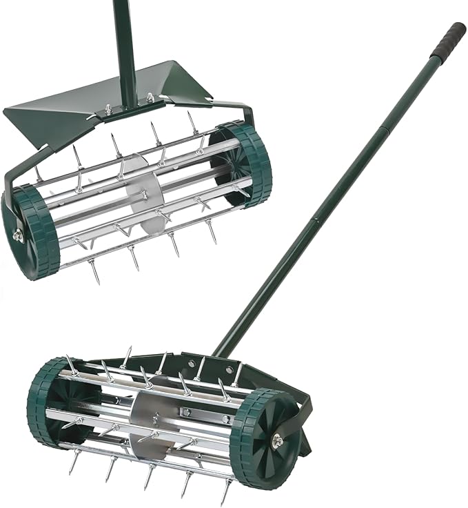 18-Inch Spike Rolling Lawn Aerator for Grass. Heavy Duty Manual Push Aerator Lawn Tool,Soil Health for Garden&Yard Tool(Green with Fender)