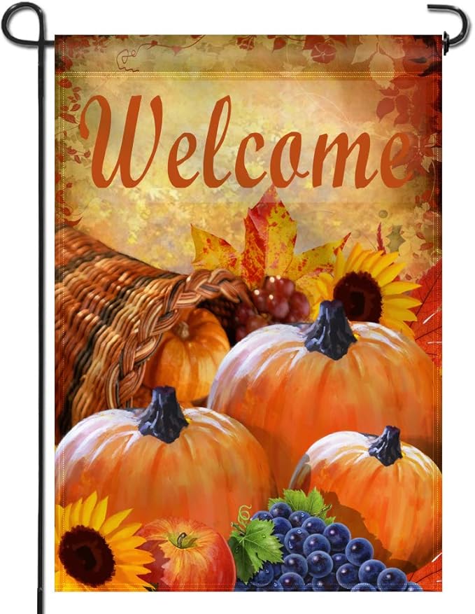 Anley Garden Flag Pumpkin in Cornucopia - Decorative Autumn Welcome Garden Flags - Double Sided & Weather Resistant & Double Stitched - 18 X 12.5 Inches