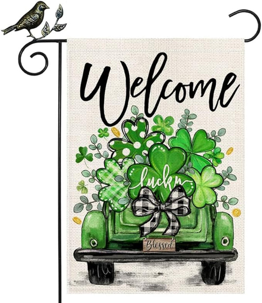 GEEORY St Patricks Day Shamrocks Truck Garden Flag 12 x 18 Inch, Green Lucky Clovers Double Sided Decorative Flag For Outside Yard Lawn Outdoor Decoration GB090-12
