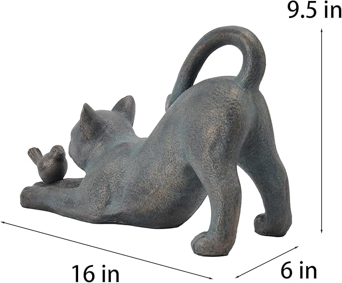 Cat Garden Statues Outdoor Cat-Figurines - Home Garden Decor 16 x 6 x 9.5 inch Resin Cats & Bird Playing Sculpture Statue for Farmhouse Outside Backyard Lawn Gift for Kitten Lovers Newman House Studio