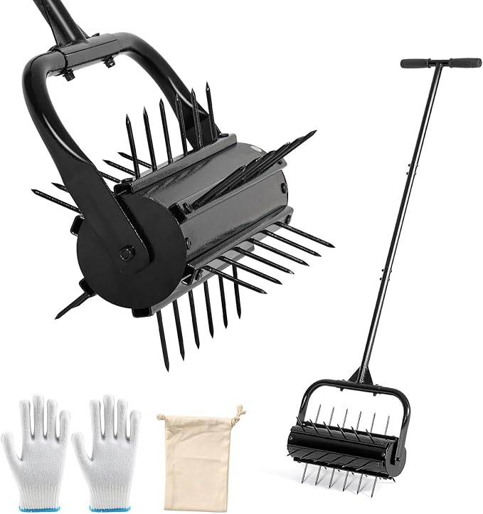 KELIXU Lawn Aerator Tool, 17” Manual Lawn Aerators Roller, Heavy Duty Rolling Lawn Air Aerator Tool with Spike Row, 58.5” H Grass Lawn Aeration Tool, Yard Tools for Garden, Cropland to Loose Soil