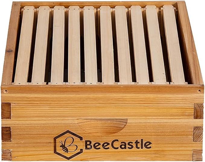 BeeCastle 10 Frame Medium Super Bee Hive Box, Langstroth Honey Bee Hive Dipped in 100% Beeswax Include Beehive Frames and Wax Foundations (Unassembled)