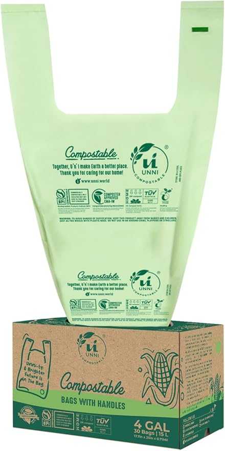 UNNI Compostable T-Shirt Bags with Tie Handles, 4 Gallon / 15 Liter, 60 Count - 2 rolls × 30, 0.71 mil Small Kitchen Compost Liners, Certified by BPI, CMA & OK compost HOME, Meets ASTM D6400