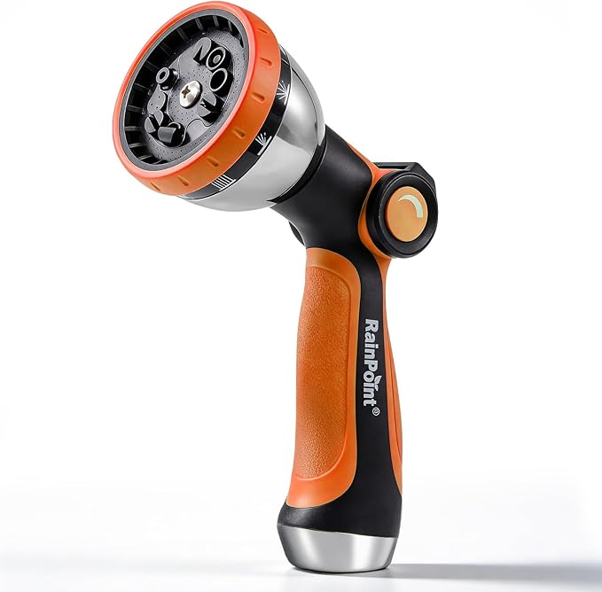 RAINPOINT Spray Nozzles for Garden Hose - 10 Spray Patterns Garden Hose Nozzle with Adjustable Flow Control for Watering Plants, Washing Cars,Washing Pets, Thumb Control (Orange)