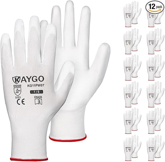 KAYGO Work Gloves for Men and Women,12 Pairs Seamless Knit PU Coated Safety Gloves, with Smooth Grip on Palm and Fingers, Ideal for Light Warehouse, Manufacturing, Gardening, KG11P (S, White)