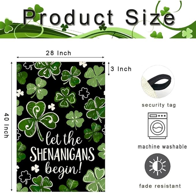 St Patricks Day House Flag 28x40 Inch Double Sided Outside, Let the Shenanigans Begin Shamrock Outdoor Large Garden Yard Flag Green Lucky Clover Holiday Decoration