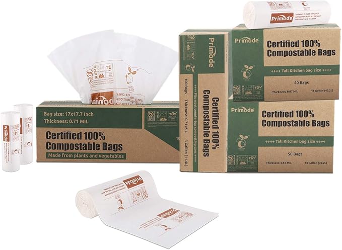 Primode Compostable Bags, 13 Gallon Food Scraps Yard Waste Bags, 50 Count, Extra Thick 0.87 Mil. ASTMD6400 Compost Bags Small Kitchen Trash Bags, Certified By BPI And TÜV AUSTRIA