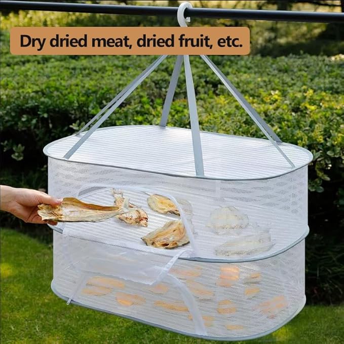Herb Drying Rack 2 Layers Folding Mesh Hanging Drying Net Vegetable Dryer Multifunctional with Zipper,Dry Plants, Herbal,Weed,Clothing,Foods Drying Rack(White)