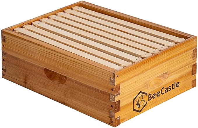 BeeCastle 8 Frame Medium Super Bee Hive Box, Langstroth Honey Bee Hive Dipped in 100% Beeswax Include Beehive Frames and Wax Foundations (Unassembled)
