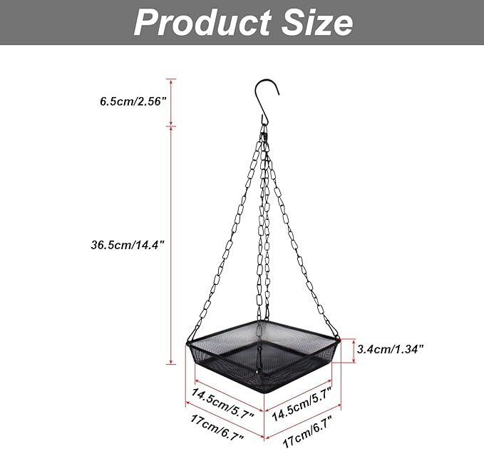 Hanging Bird Feeder Tray 6.7 Inch Square Metal Mesh Seed Holder, Durable Metal Mesh Feeders with Chains for Attracting Various Species of Wild Birds