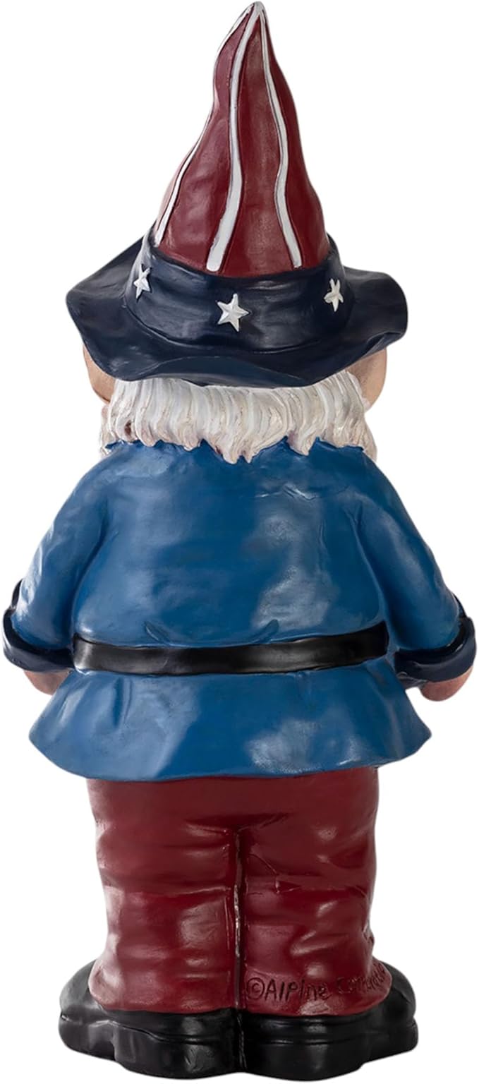 Alpine Corporation 12" Tall Outdoor Americana Garden Gnome with American Flag Bird Feeder and Yard Statue Decoration