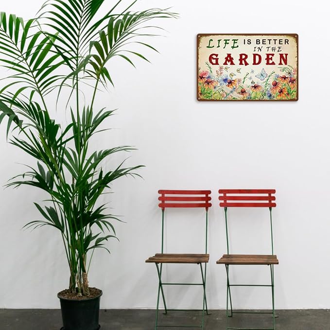 Garden Sign Vintage Gardening Metal Sign Life Is Better In The Garden Rustic Decor Funny Outdoor Gardening Metal Signs Botanical Wall Decorative 8×12 Inch