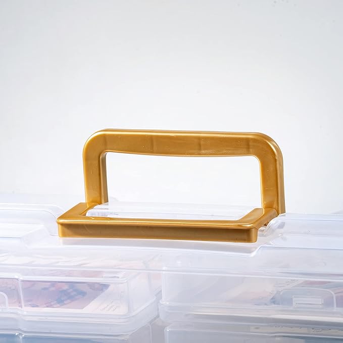 novelinks Transparent 4" x 6" Photo Organizers and Photo Storage Box with Handle, 16 Inner Photo Cases, Portable Picture Organizers & Photo Storage Containers (Clear-Gold Handle)