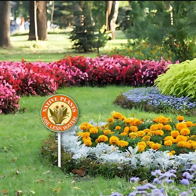 Kurmntregon Native Plants Use Less Water Garden Sign With Stake Plants Yard Sign Round 9.2inch Farm Lawn Yard Prop Walkway Porch Decorations,Outdoor Aluminium Décor