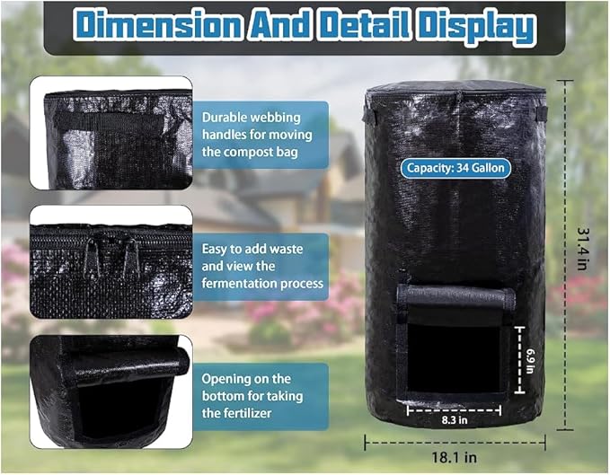 34 Gallon Compost Bin Bags-Outdoor Garden Compost Bin Bags Garden Yard Grow Bags (Green 1 Piece)