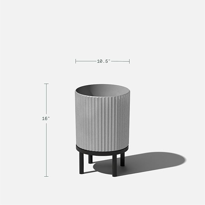 Veradek Demi Series Round Planter w/Stand for Porch/Patio | Durable Plastic-Stone Composite & Wooden Stand | Modern Décor for Tall Plants, Flowers