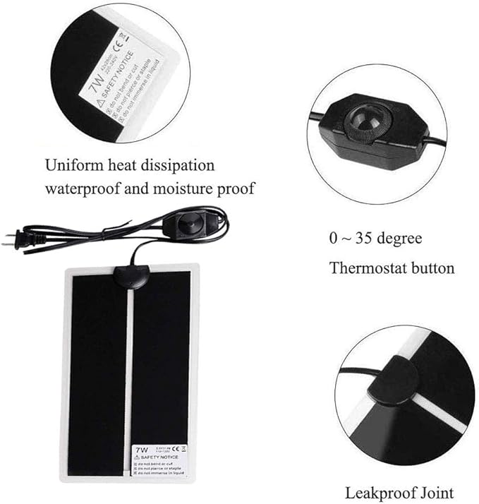 Reptile Heating Pad with Temperature Adjustment, 110V Non-Adhesive Heat Mat for Reptiles Tortoise Snakes Lizard Gecko Hermit Crab Turtle Amphibians - 7W Terrarium Heat Pad