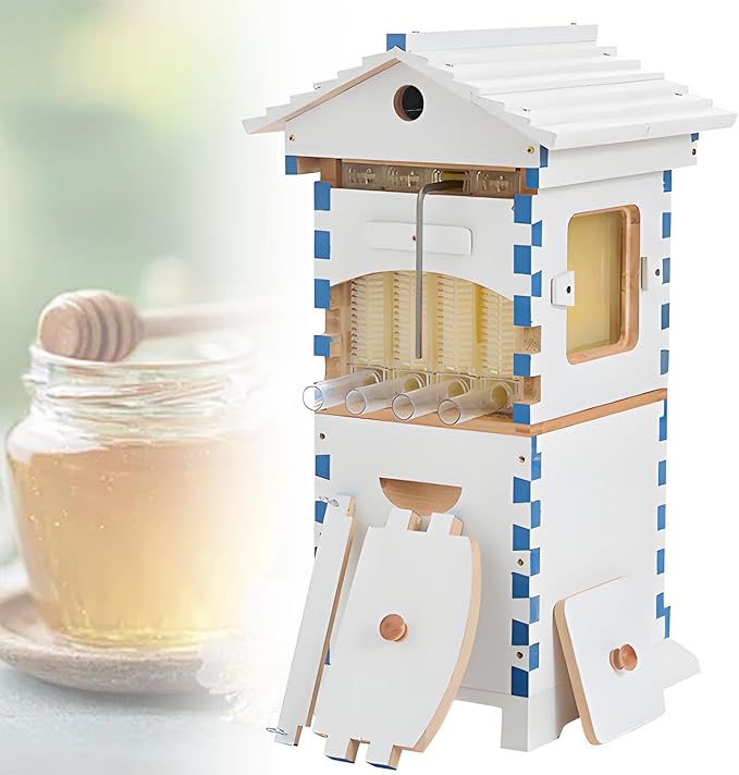 Beehive Starter Kit, Self-Flow Hive with Observation Window & Honey Spout, Complete Wooden Bee Box with 4 Frames & 6 Honeycomb Trays, for Garden Pollinators