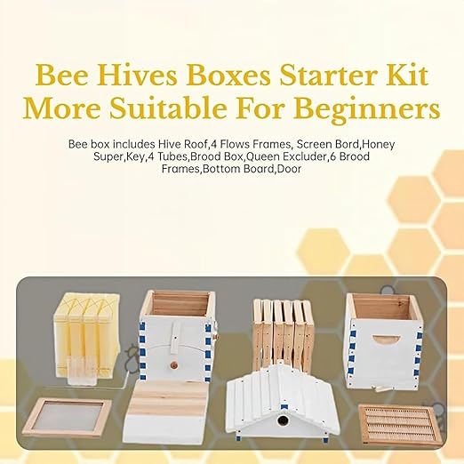 Beehive Starter Kit,Self-Flow Hive Beehive Starter Kit,Frame Complete Bee Box with Observation Window & Honey Spout,Carpenter Bee House,for Garden Pollinators