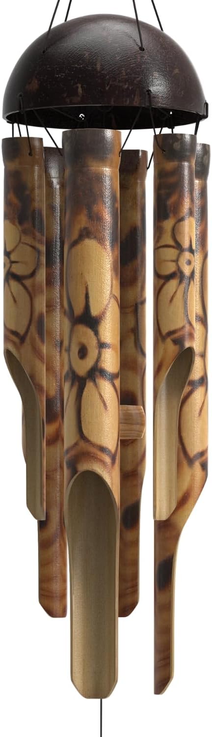 Rustic Bamboo Wind Chimes - Outside Outdoor Wooden Windchimes, Small, Floral Burned Design with Coconut Crown, Handcrafted with Calming Deep Tones, Home Decor Ideal Gift for Him & Her