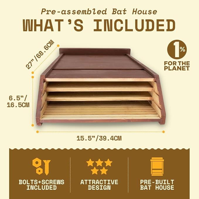 WildYard Bat House - Brown, 3 Chamber, Up to 200 Occupants - Weather-Resistant Bat Box for Pole & Wall Mount - Easy Outdoor House Setup - Durable Cedar Construction for Long-Lasting Strength