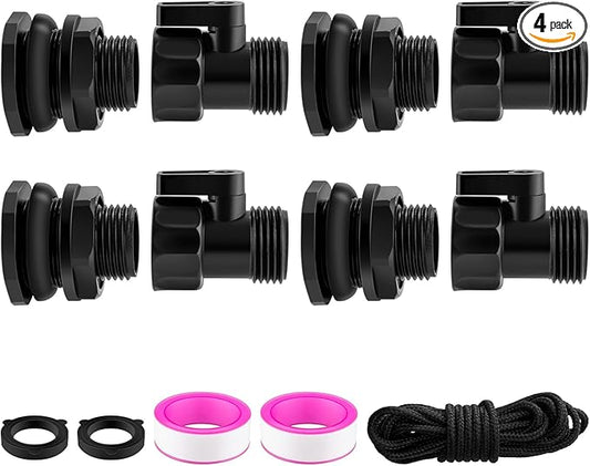 4 Pack Rain Barrel Spigot Kit, 3/4'' GHT Shut Off Valve with Bidirectional Thread Bulkhead Fitting, Plastic Garden Hose Faucet Adapter for Water Tanks, Rain Barrels & Containers