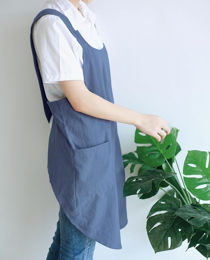 NEWGEM Japanese Cotton Linen Cross Back Cooking Apron for Women Men with Pockets Cute for Baking Kitchen